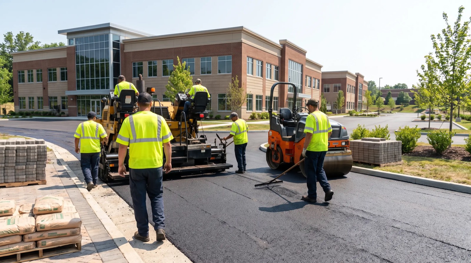 Asphalt paving crew compacting a fresh paving job