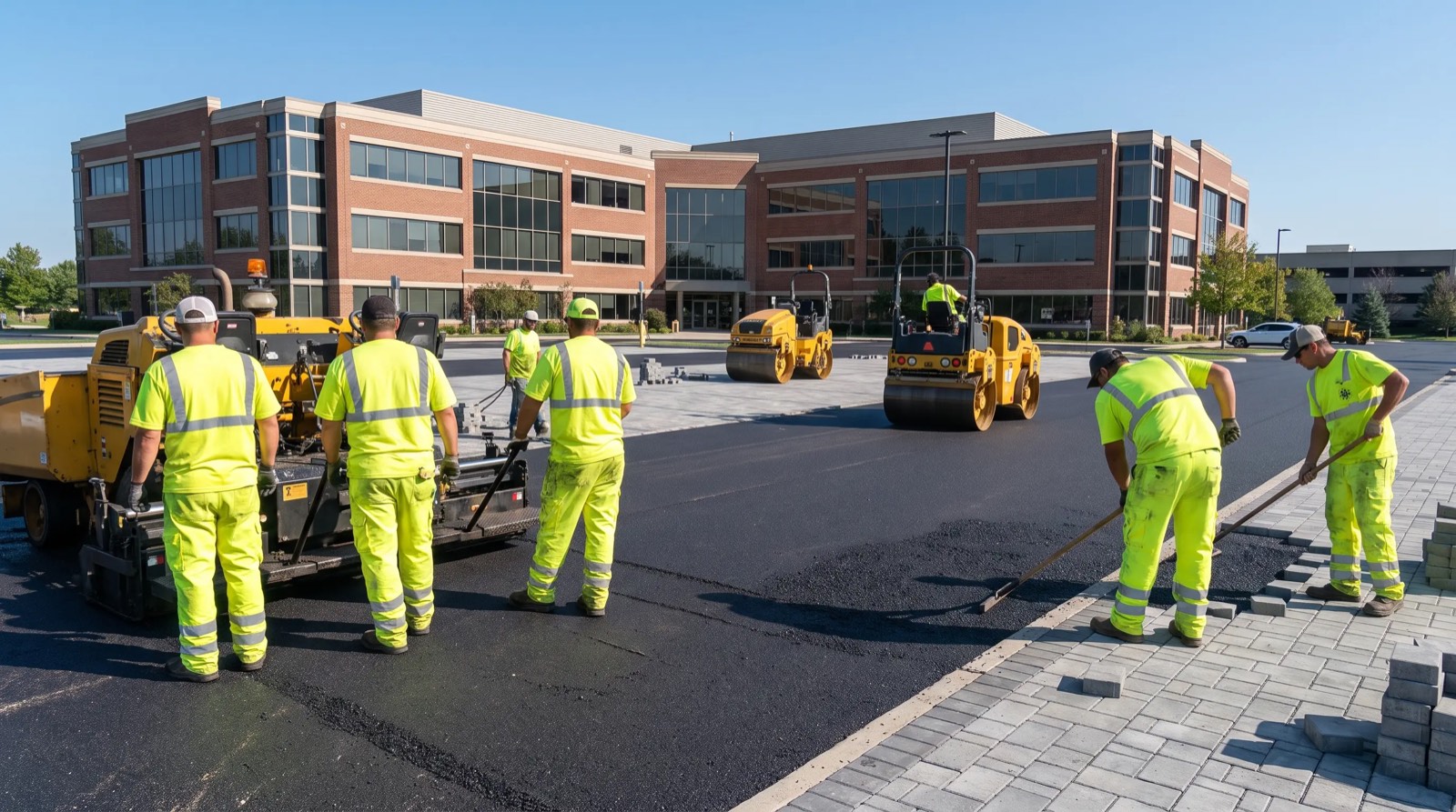 Crew installing a new asphalt driveway